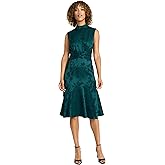 Maggy London Womens Women's Elegant Midi Sleeveless Dress - High Neck Flared Skirt Ruched Waist - Formal Wedding Guest Dress