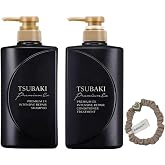 TJ SIGNATURE TSUBAKI Premium EX Intensive Repair Shampoo and Conditioner Bundle - Black Series Hair Care Set for Damaged Hair (400ml+400ml) bundle with a hair tie
