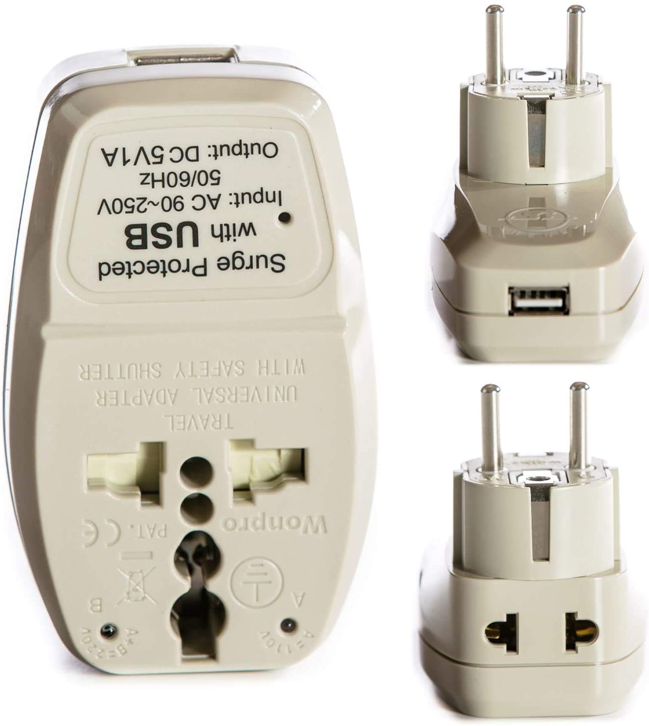 OREI 3 in 1 Schuko Travel Adapter Plug with USB and Surge Protection - Grounded Type E/F - Germany, France & More
