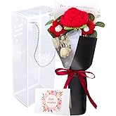 HICOHAND Crochet Flower Bouquet, 1 Pack Knitting Flower Handmade Artificial Valentine's Day Red Roses with Packing Card for Anniversary Festival Gifts