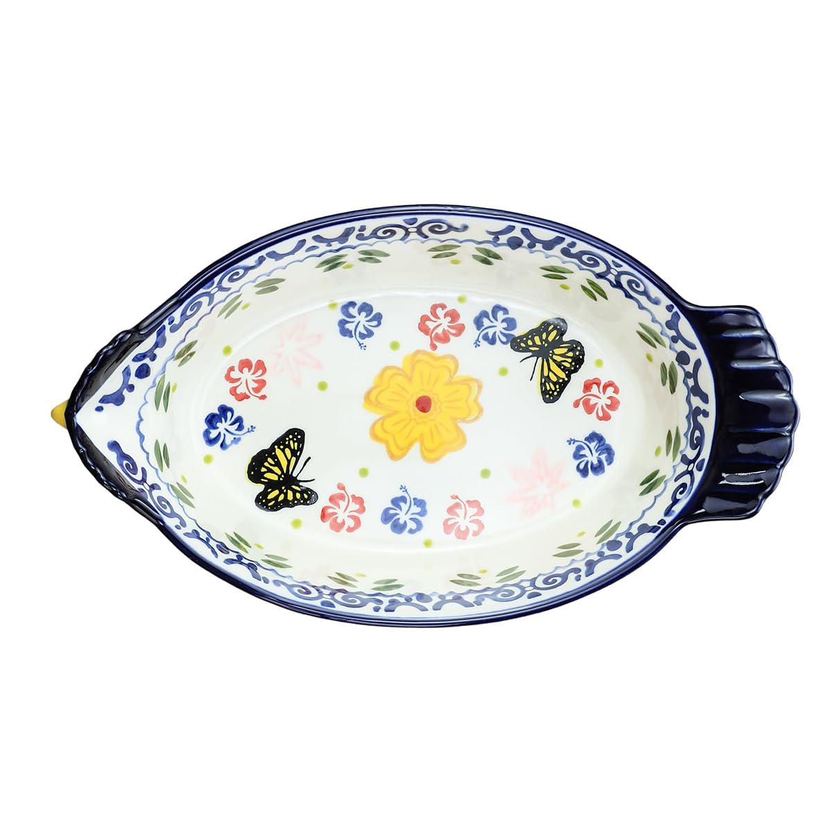 Vintage Butterfly and Flower Pattern Pie Pan, Chicken Shape Ceramic Bakeware Casserole Dish Baking Pan Bakers Lasagna Pans Soup Bowl Baking Dish for Oven to Table-Blue-25 OZ