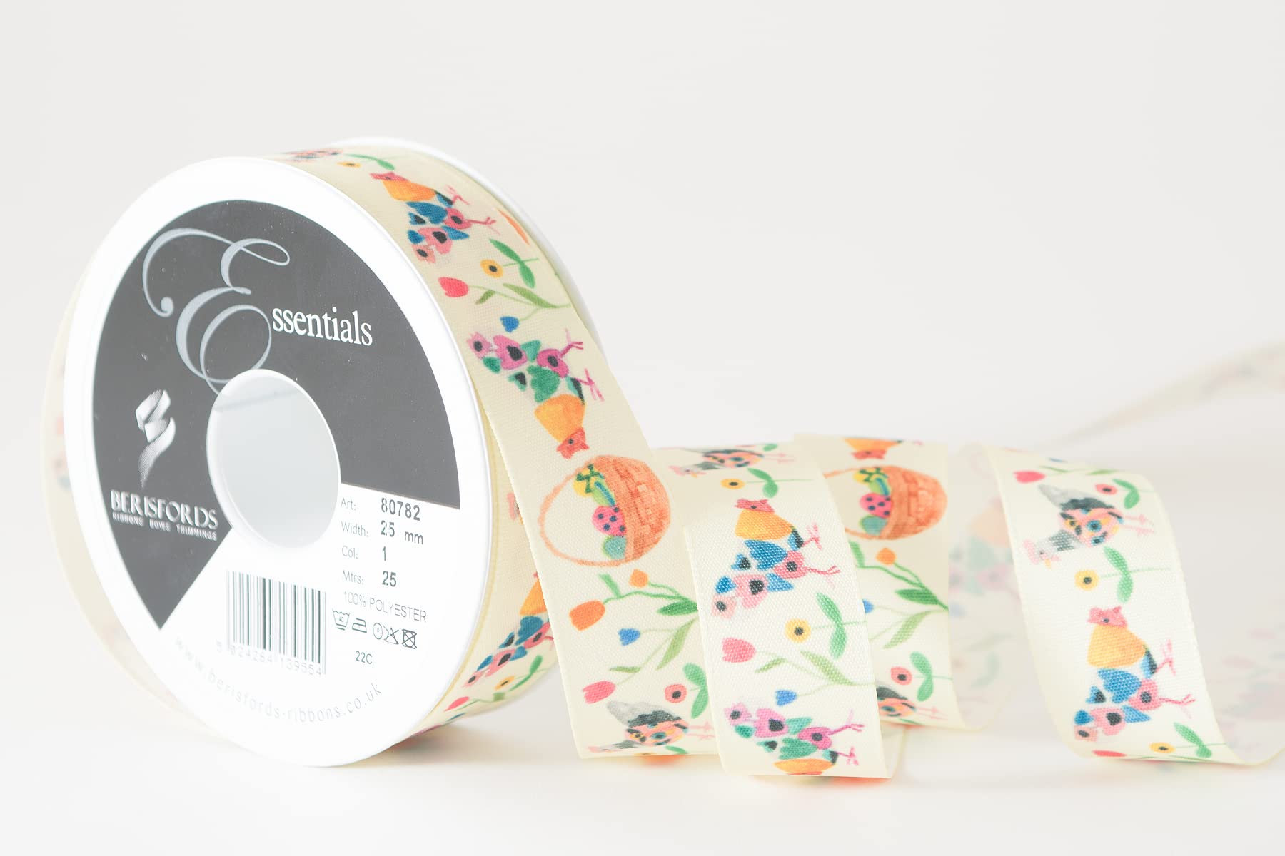 Berisfords Taffeta Patterned Ribbon Easter/Spring ‘Happy Hens’ Multicolour on Yellow 25mm Wide 25m Reel