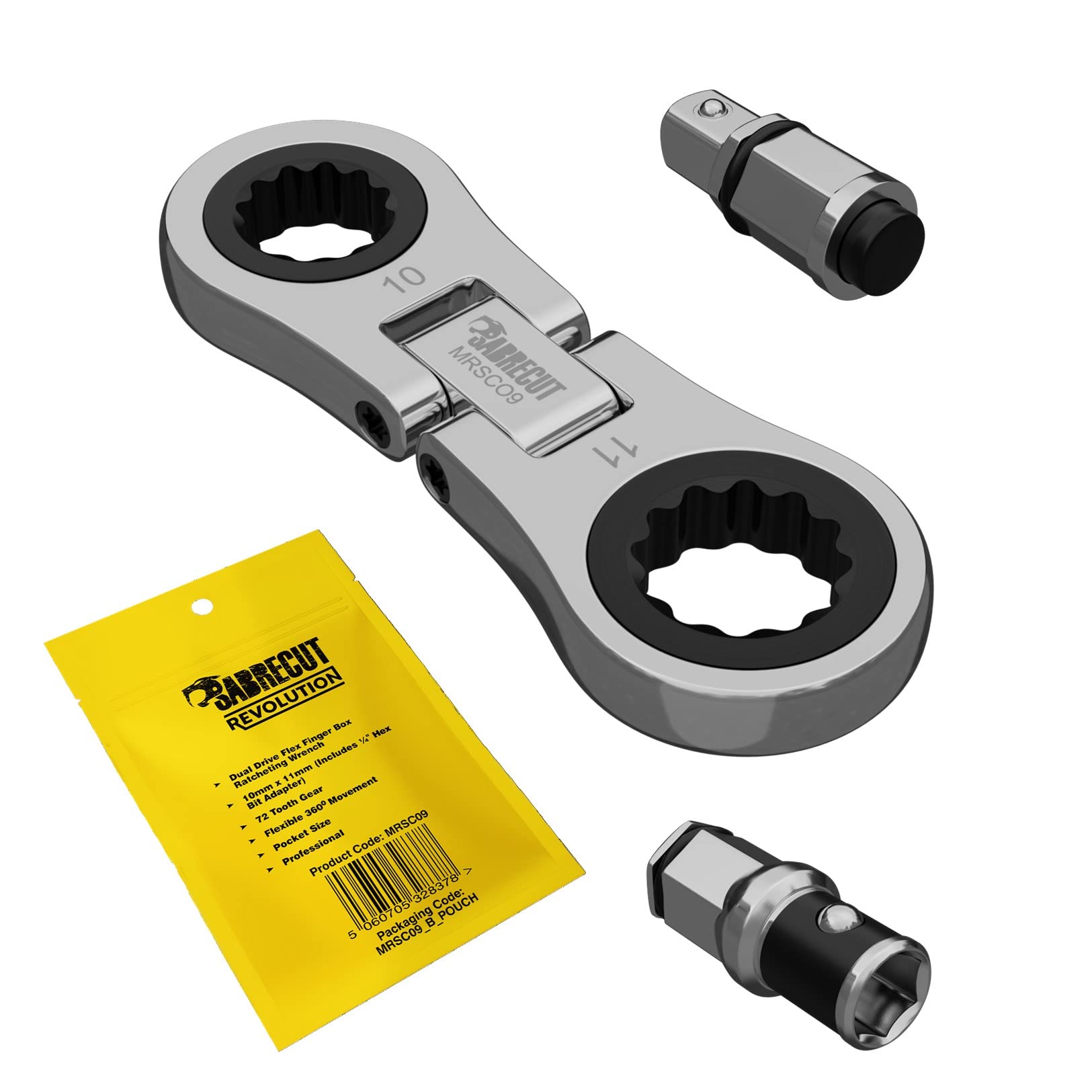 SabreCut 1 x MRSC09 Dual Drive Flex 10mm & 11mm Small Micro Ratchet with 6.3mm (1/4") HEX & 1/4" Square Drive Adapters Stainless Steel 72 Tooth Gear Tiny Hand Ratchet Wrench