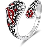 zaxsj Sterling Silver Red Cardinal Ring for Women Vintage Red Cardinal Spoon Ring Poppy Flower Remembrance Jewelry Gifts