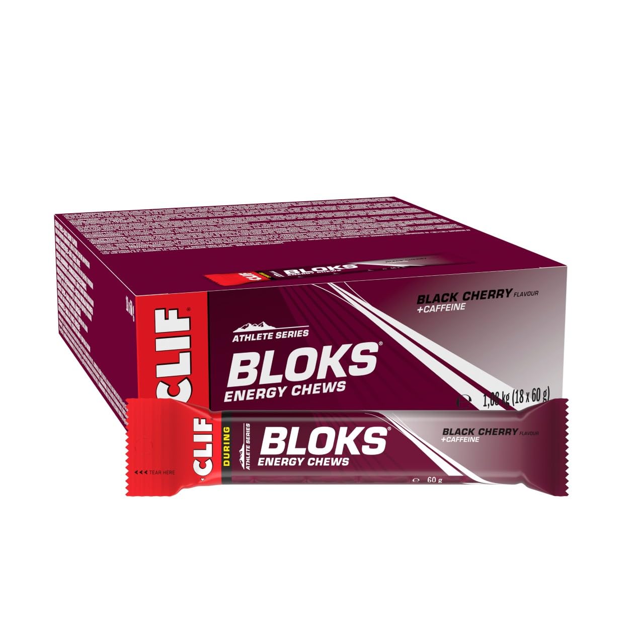 CLIF BLOKS Energy Chews | Black Cherry with Caffeine | Plant Based | Quick Energy for Running, Cycling & Marathon Training | Endurance Workout Snack | 18 x 60 g