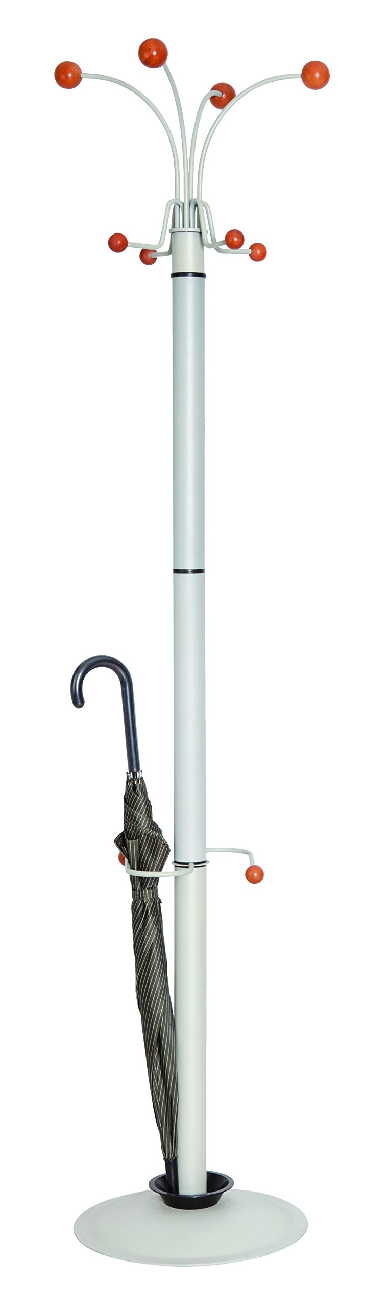 Contemporary Freestanding Rotating Hat and Coat Rack with Integrated Umbrella Stand, Grey Steel with Wood Accents
