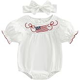 Rourufy Infant 4th Of July Outfit Girl Baby Independence Day American Flag Stars Smocked Romper Toddler Patriotic Clothes