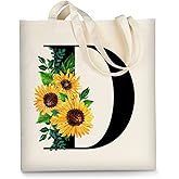 AUSVKAI Canvas Tote Bag Aesthetic for Women, Cute Sunflower Initial Trendy Monogram Personalized Initial Birthday Reusable Cloth Cotton Bags with Handle for Grocery College Shopping Beach