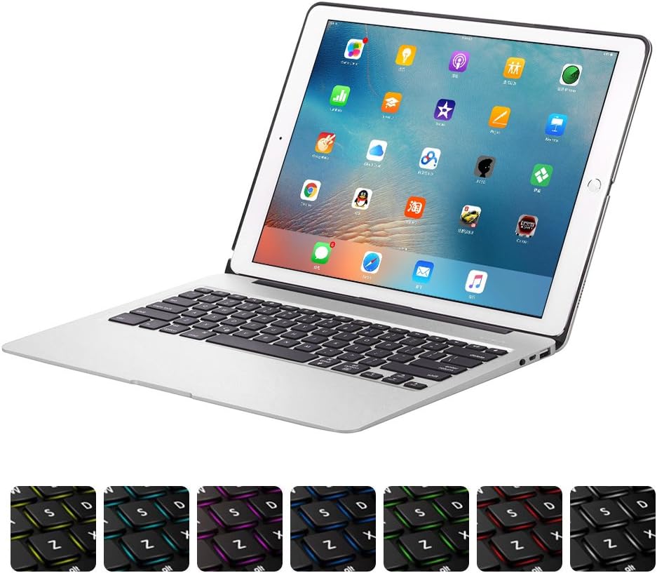 XFUNY iPad Keyboard Case for iPad Pro 12.9 Wireless Bluetooth 7 Colors LED Backlit iPad Keyboard with Aluminium Alloy Protective Case Cover Support Auto Wake/Sleep For iPad Pro 12.9 (Silver)