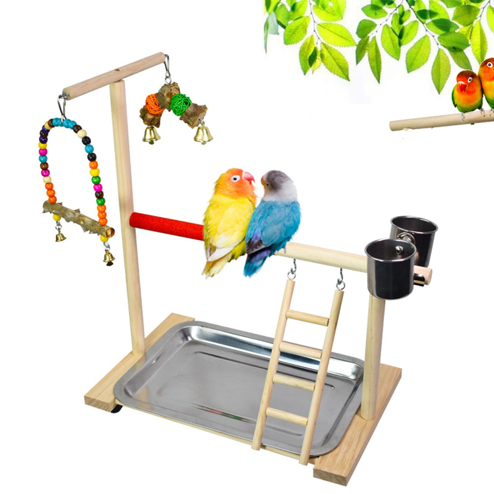RoseFlower Parrots Bird Wooden Playstand, Birdcage Playground Play Gym Parakeet Playpen Ladder with Feeder Cup and Tray, Bird Toys Swing Exercise Toy #1