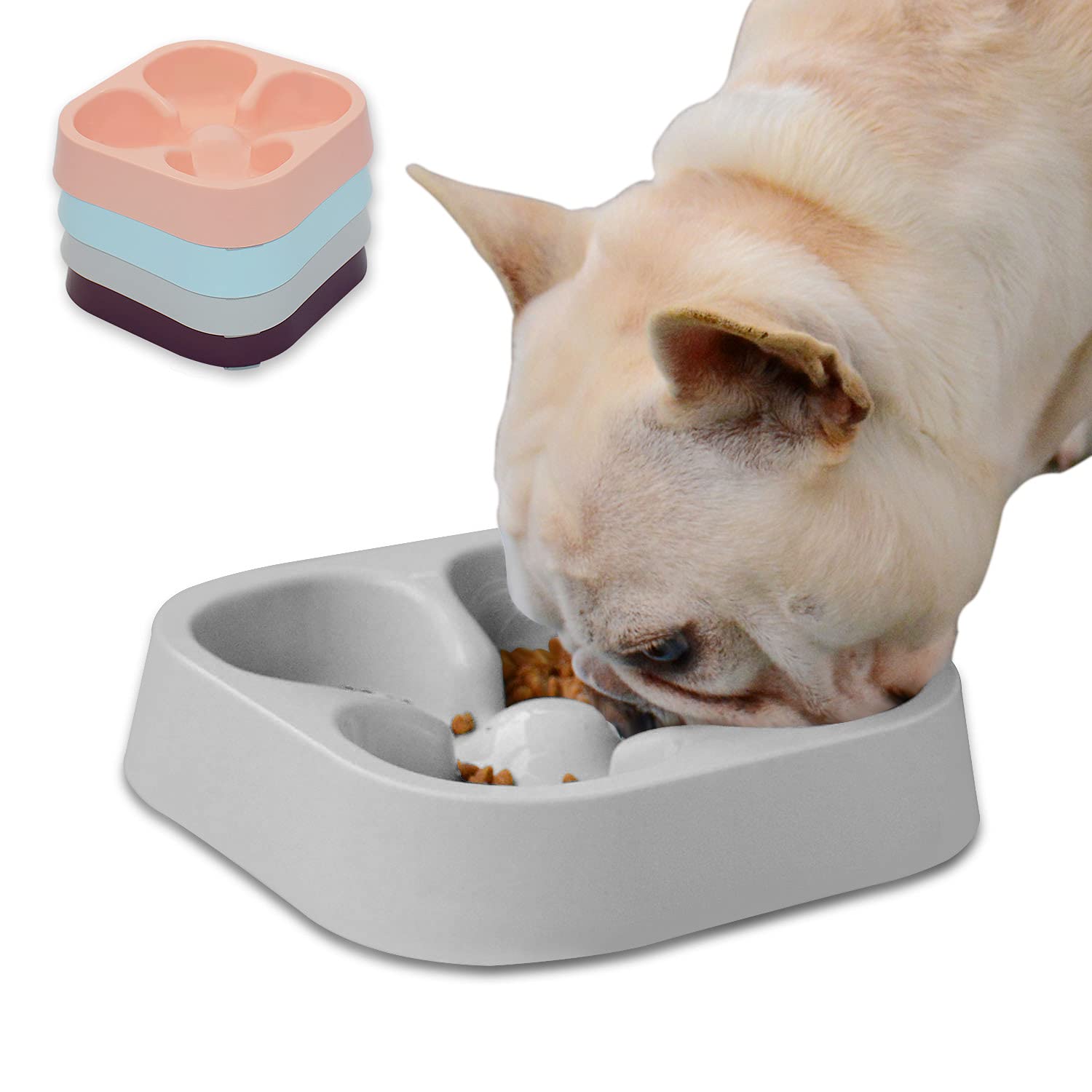 Hifrenchies Healthy Slow Feeding Dog Bowl for French Bulldog -Slow Feeder Dog Bowl Fun Feeder No Chocking Dog Cat Food Water Bowl with Striped or Four-Leaf Clover Pattern (Four-Leaf Clover Bowl Grey)