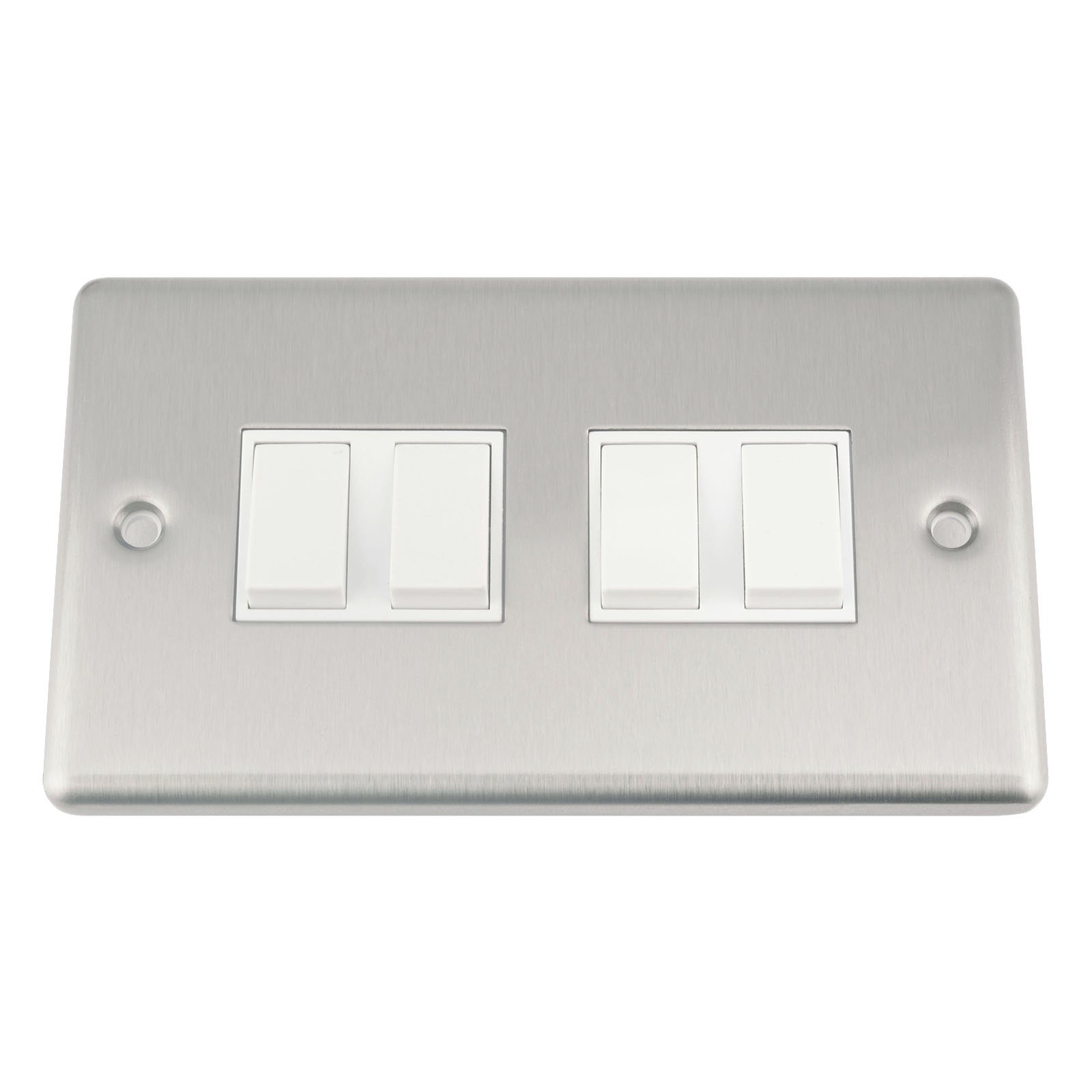 A5 Light Switch - Quad 4 Gang 2 Way - Satin Brushed Chrome - Classic Style White Insert Plastic Rocker Switch
