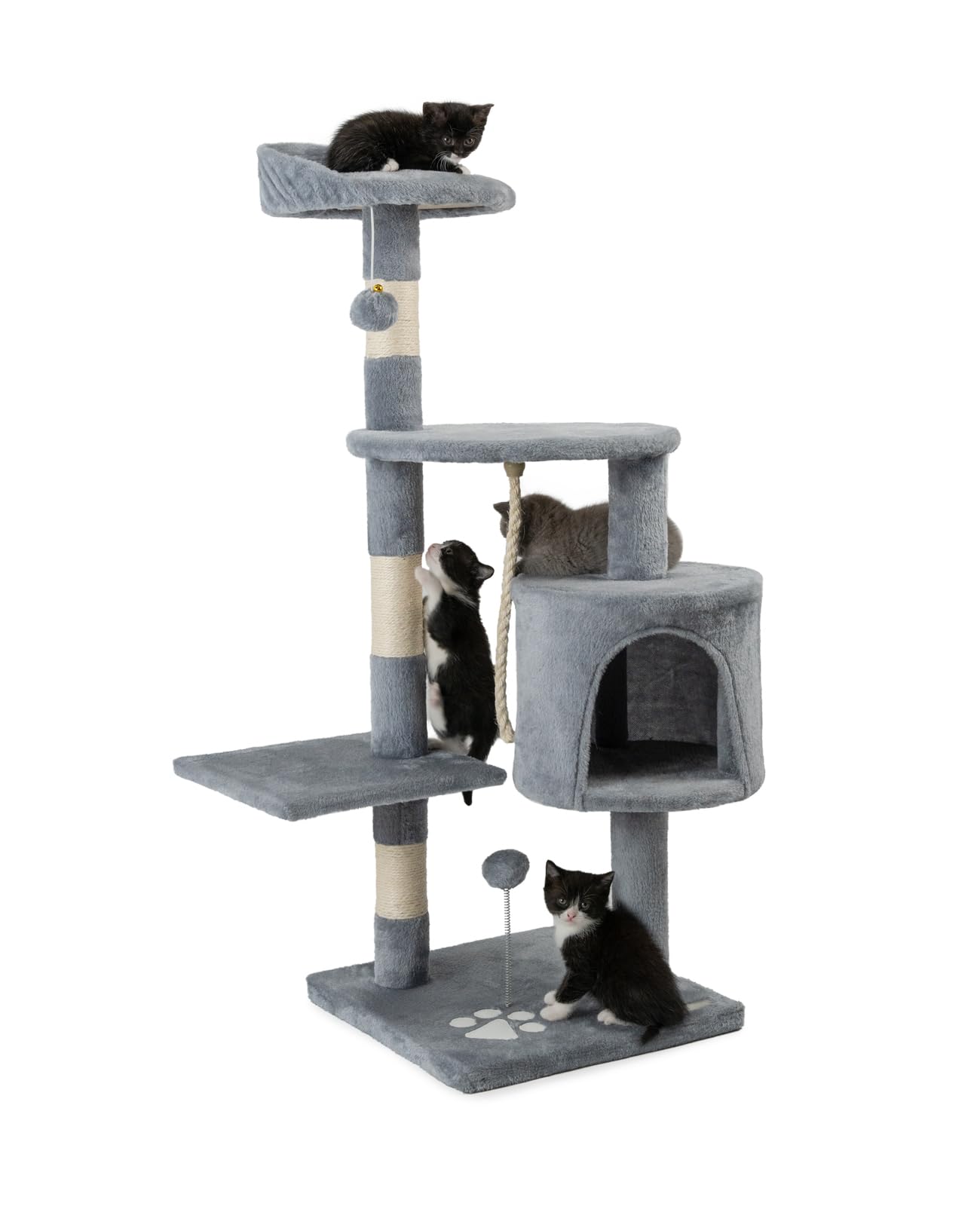 lionto Scratching tree for cats with 2 plush balls & play rope, height 112 cm, cat tree with sisal rope & plush, cozy lying area & cave, incl. wall mount, for small & large cats, light grey