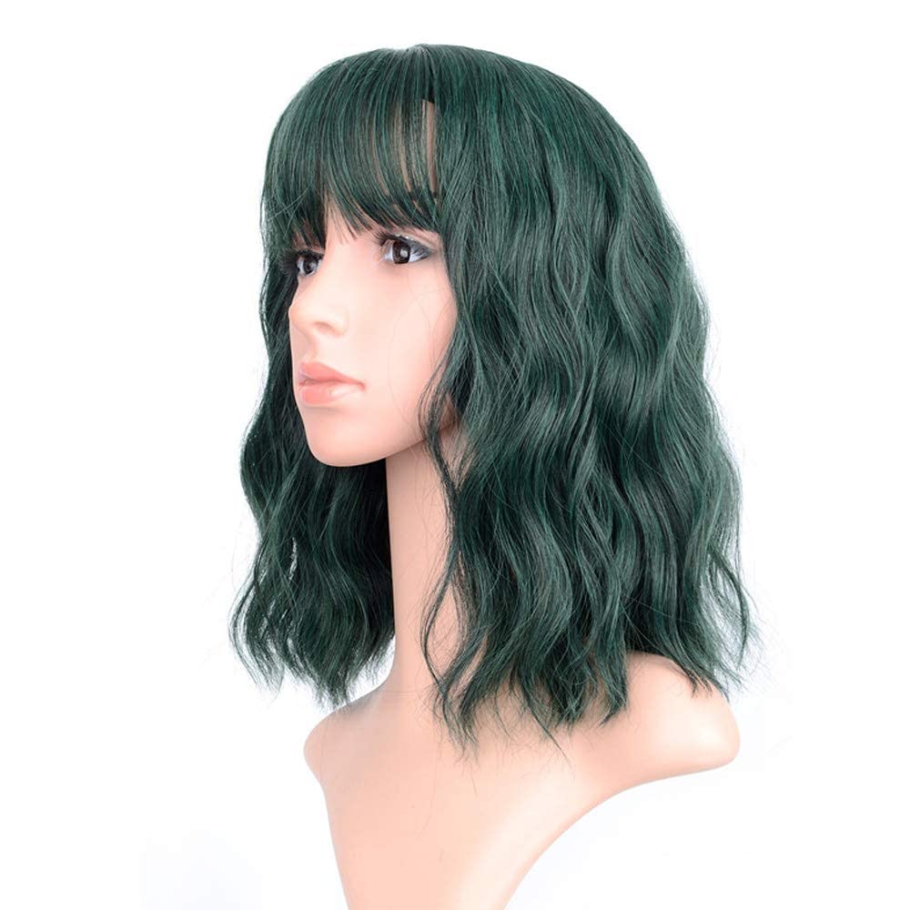 FAELBATY Wavy Bob Wig - Short, Shoulder Length, Curly Wavy Synthetic Green Wig With Air Bangs for Women