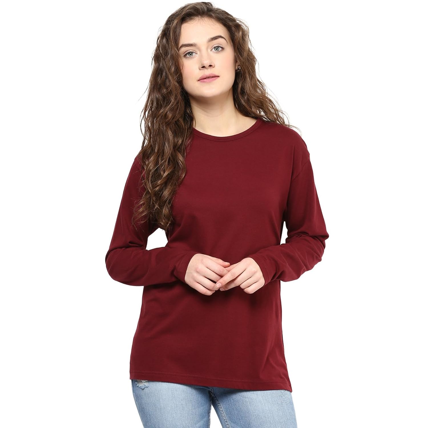 hypernation maroon color round neck cotton t-shirt for women