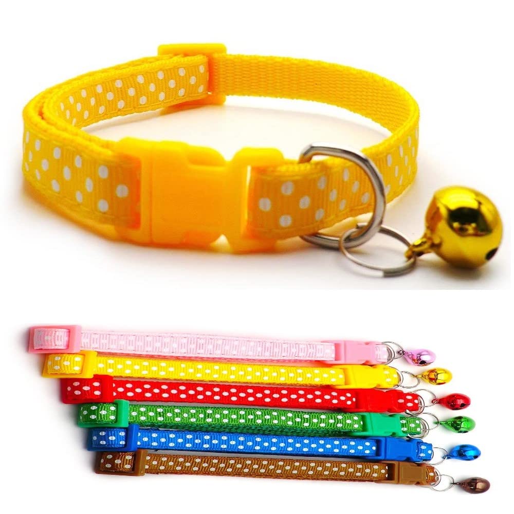 Small Dog Puppy Pet Collar Spot Design with Bell Nylon Adjustable Size 19-32cm Yellow