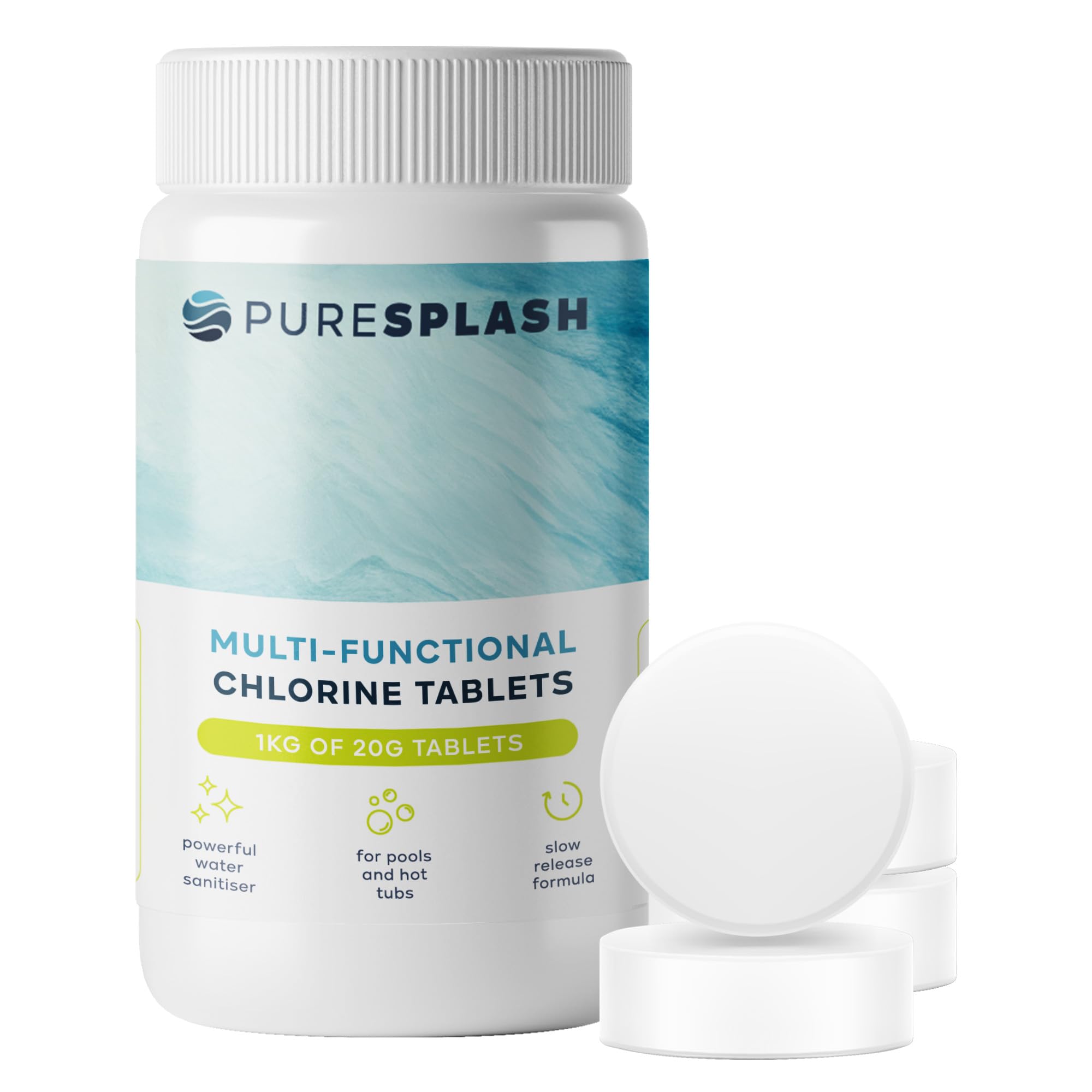 𝐏𝐔𝐑𝐄 𝐒𝐏𝐋𝐀𝐒𝐇! 1kg Hot Tub Chlorine Tablets – 4-in-1 Slow-Release Pool Chemicals for Inflatable, Paddling & Above-Ground Pools | Sanitiser, Algaecide, Clarifier, Stabiliser
