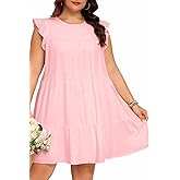Holipick Women's Plus Size Summer Dresses Casual Short Dress Babydoll Ruffle Sleeve Swing Flowy Sleeveless Tunic Dress