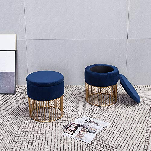 Simhoo Velvet Upholstered Round Vanity Stool/Dressing Makeup Piano Stool with Metal Base-Blue,Ottoman with Storage