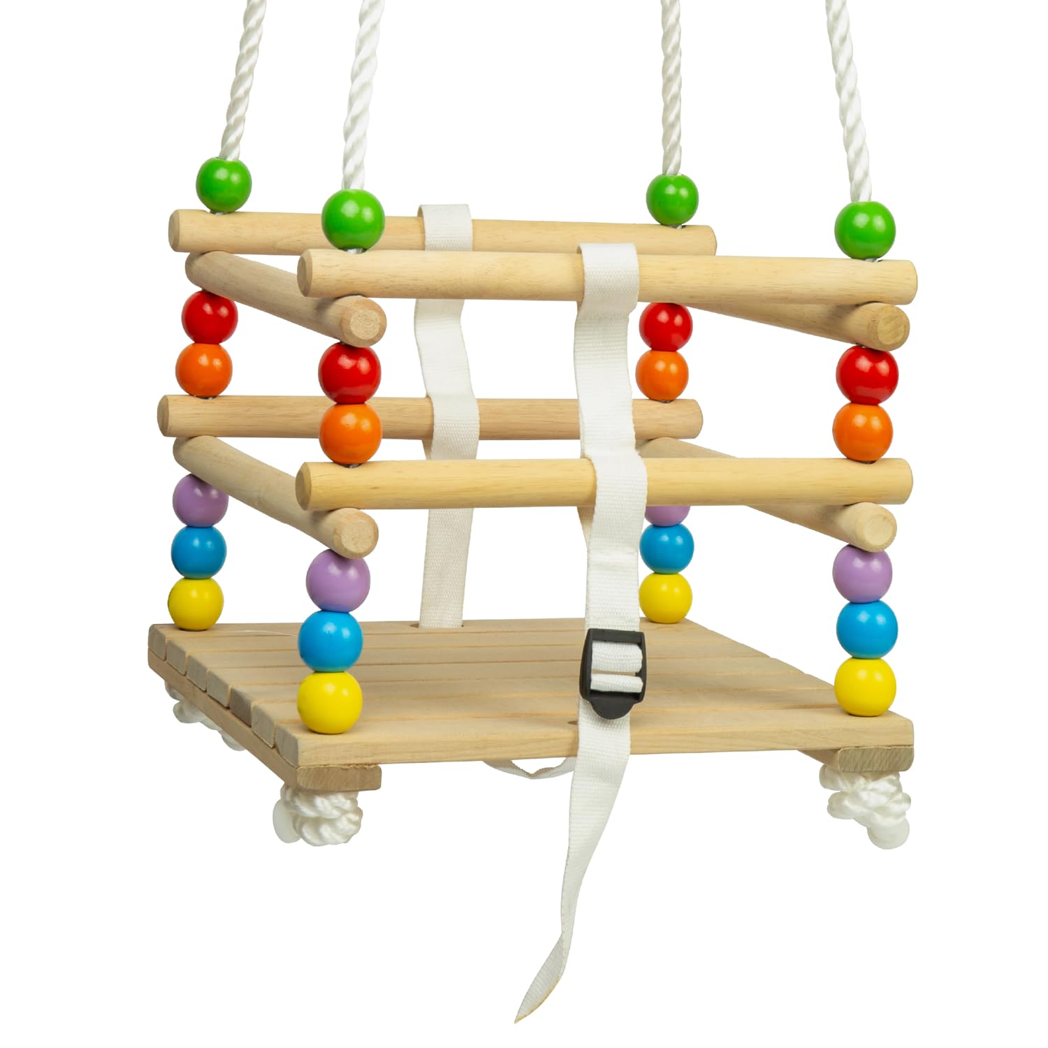 Bigjigs Toys Wooden Cradle Baby Swing | Outdoor Hanging Chair Set with Adjustable Rope | Kids Garden Furniture with Beads for Infant Sensory Play | Rocking Seat for Babies from 18 Months Old