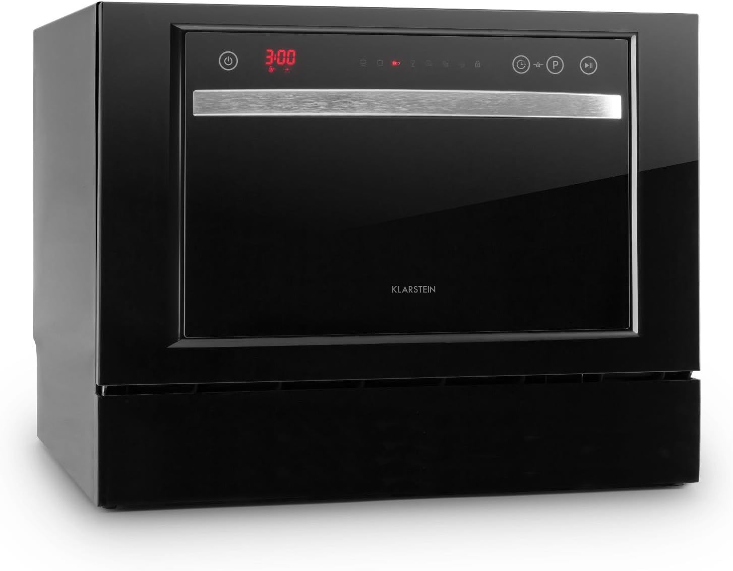 Klarstein Amazonia 6 Luminance Spülmaschine Tischgeschirrspüler (Glas-Front, freistehend, A+, 174 kWh/Jahr, 55 cm breit, 49 dB leise, 6 Maßgedecke, 6 Programme, Aquastop) schwarz