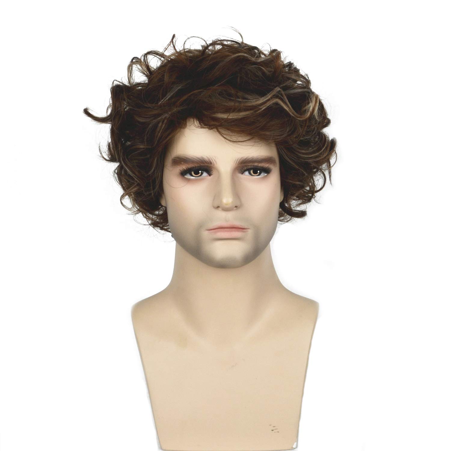 Wiginway Short Curly Men S Wig Brown With Blonde Highlights Color