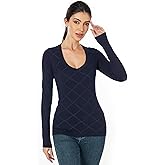 AmélieBoutik Women Crew Neck Knit Front Plaid Long Sleeve Slim Fit Sweater Top