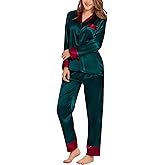 SWOMOG Womens Silk Satin Pajamas Set Long Sleeve Sleepwear Two Pieces Loungewear Set Button-Down Contrast Pjs Set