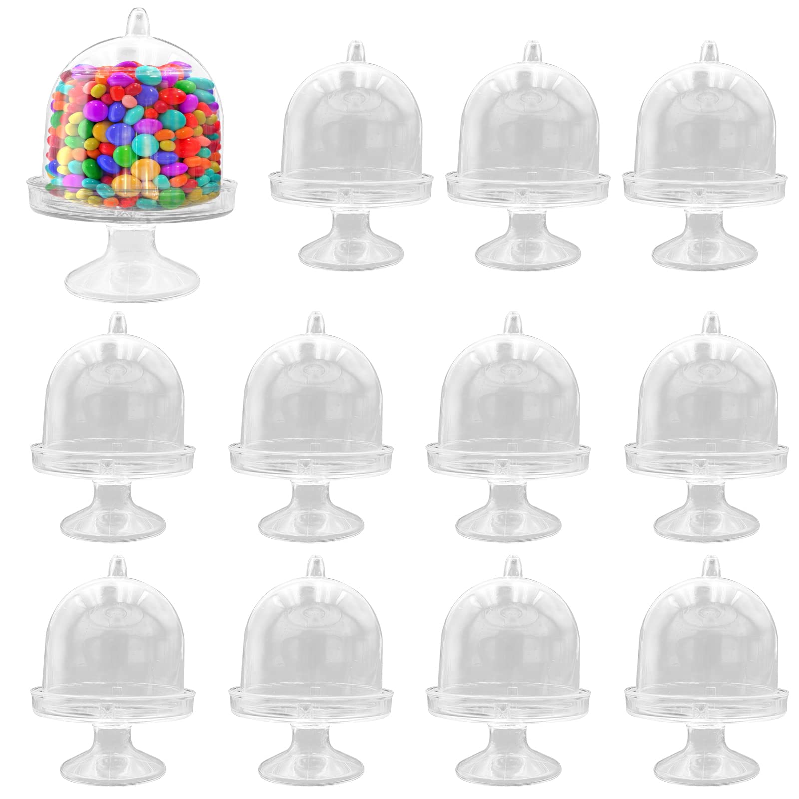 Photo 1 of 12 Pack Plastic Mini Cake Stand with Dome, Cake Stand Candy Box Bulk for Candies, Clear Small Cake Display Stand for Chocolate, Dessert, Wedding, Birthday, Baby Shower, Tea Party Supplies