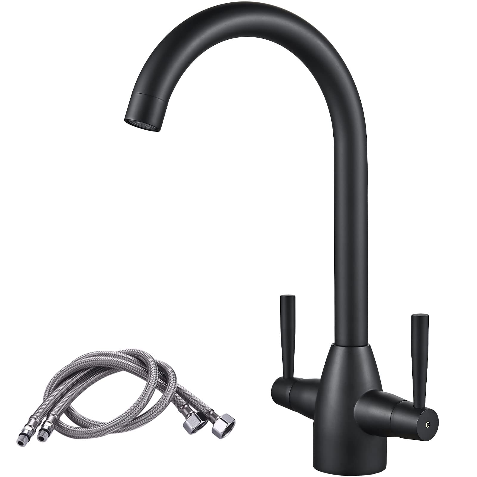 Black Kitchen Tap, NewEast Dual Lever Swivel Spout Monobloc Kitchen Sink Mixer Taps