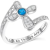 Cross Ring with Turquoise 925 Sterling Silver With God All Things Are Possible Christian Band Ring Inspirational Faith Bible Verse Cross Religion Jewelry for Women Friend Thanksgiving Christmas Size 7