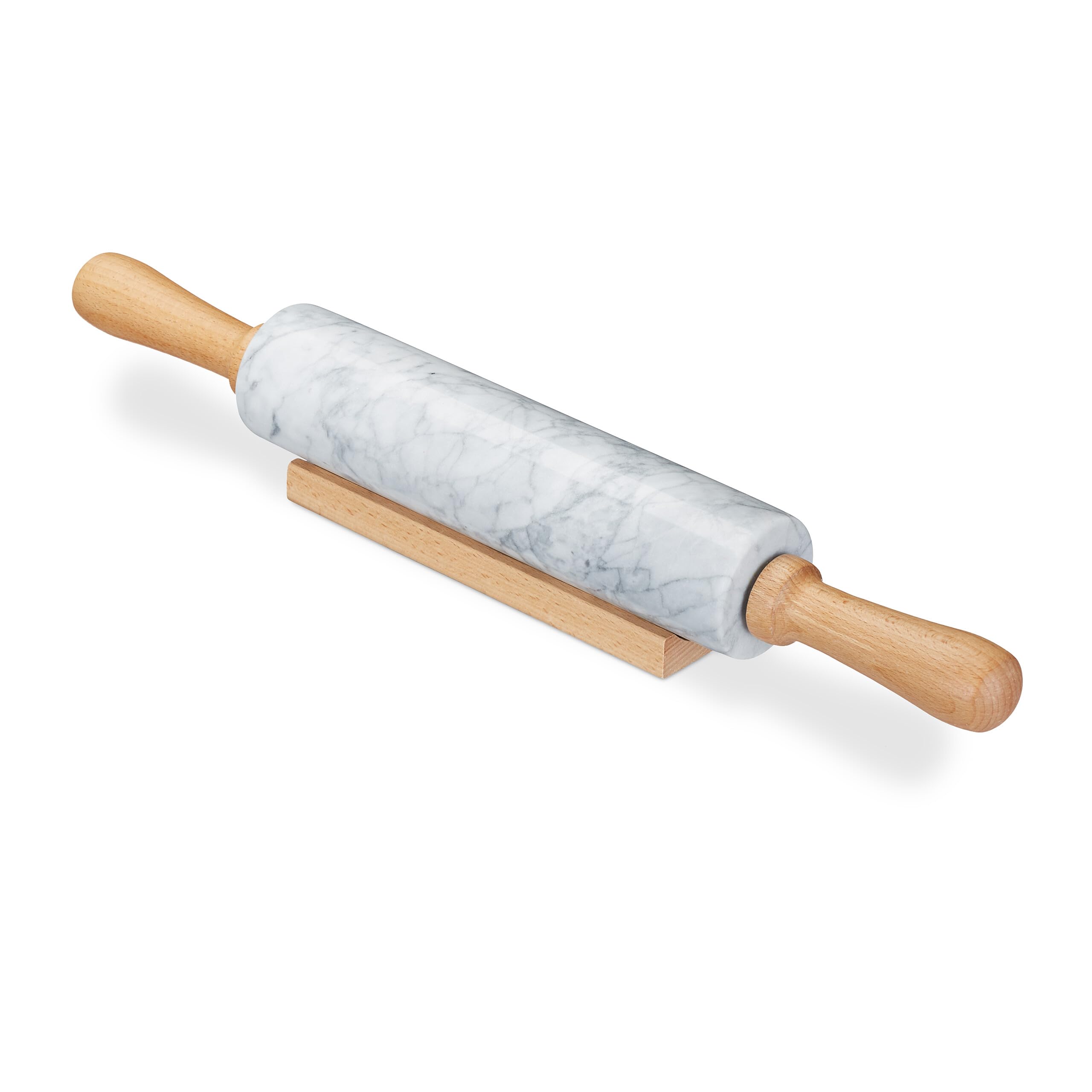 Relaxdays Marble Rolling Pin, Wooden Handles, Roller for Cooking and Baking, with Stand, Heavy, White