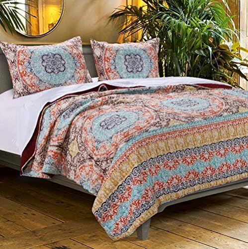 Quilt Set with Sham Brushed Microfiber Bohemian Boho Geometric Mandala Design Blue Yellow Orange Neutral Bedding Luxury Reversible Bedspread Single Twin Size - Includes Bed Sheet Straps
