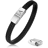 FOCOOG Leather Bracelets for Mens Gifts - Premium Genuine Leather Adjustable Stainless Steel Magnetic Clasp Mens Initial Bracelet, Unique Gifts for Men Husband Dad Son