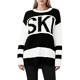 Saodimallsu Womens Color Block Oversized Sweater Ski Print Fall Trendy Crew Neck Long Sleeve Pullover Sweaters Knit Tops