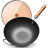 WANGYUANJI Carbon Steel Wok Pan, 13.4" Woks & Stir-Fry Pans with Glass Lid No Chemical Coated Flat Bottom Iron Wok for Induction, Electric, Gas, Halogen All Stoves