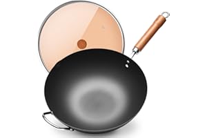 WANGYUANJI Carbon Steel Wok Pan,12.59" Woks and Stir Fry Pans with Glass Lid,Chinese Wok Flat Bottom Iron Wok for Induction, 