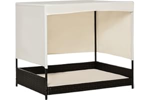 PawHut Wicker Dog House Elevated Pet Bed with Shade Canopy for Medium Large Dogs Indoor Outdoor with Cushion, 36" x 28" x 32"