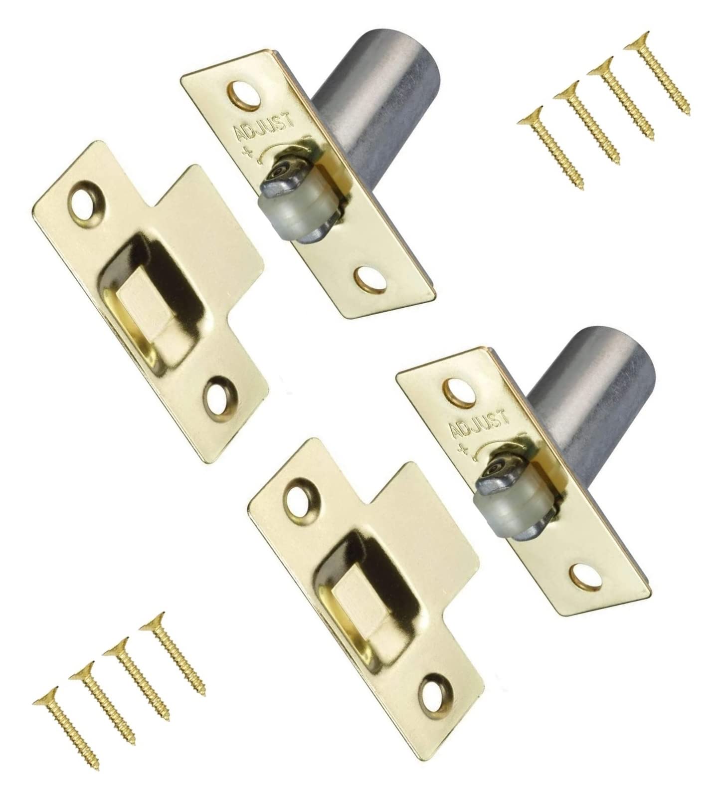 TERF® Adjustable Roller Catch Polished Brass Roller Ball Door Latch Door Closer Ideal Internal Door Catch for Doors Cupboards Cabinets and Wardrobes Including Fixing Screw - Pack of 2