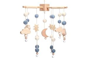 YOUUYS Boho Baby Crib Mobile Decor - Wooden Moon and Stars Nursery Mobiles with Cloud for Bassinet Starry Night Handmade Soft Felt Beads Hanging Wind Chime Toys Pendant for Infant Newborn Boy and Girl