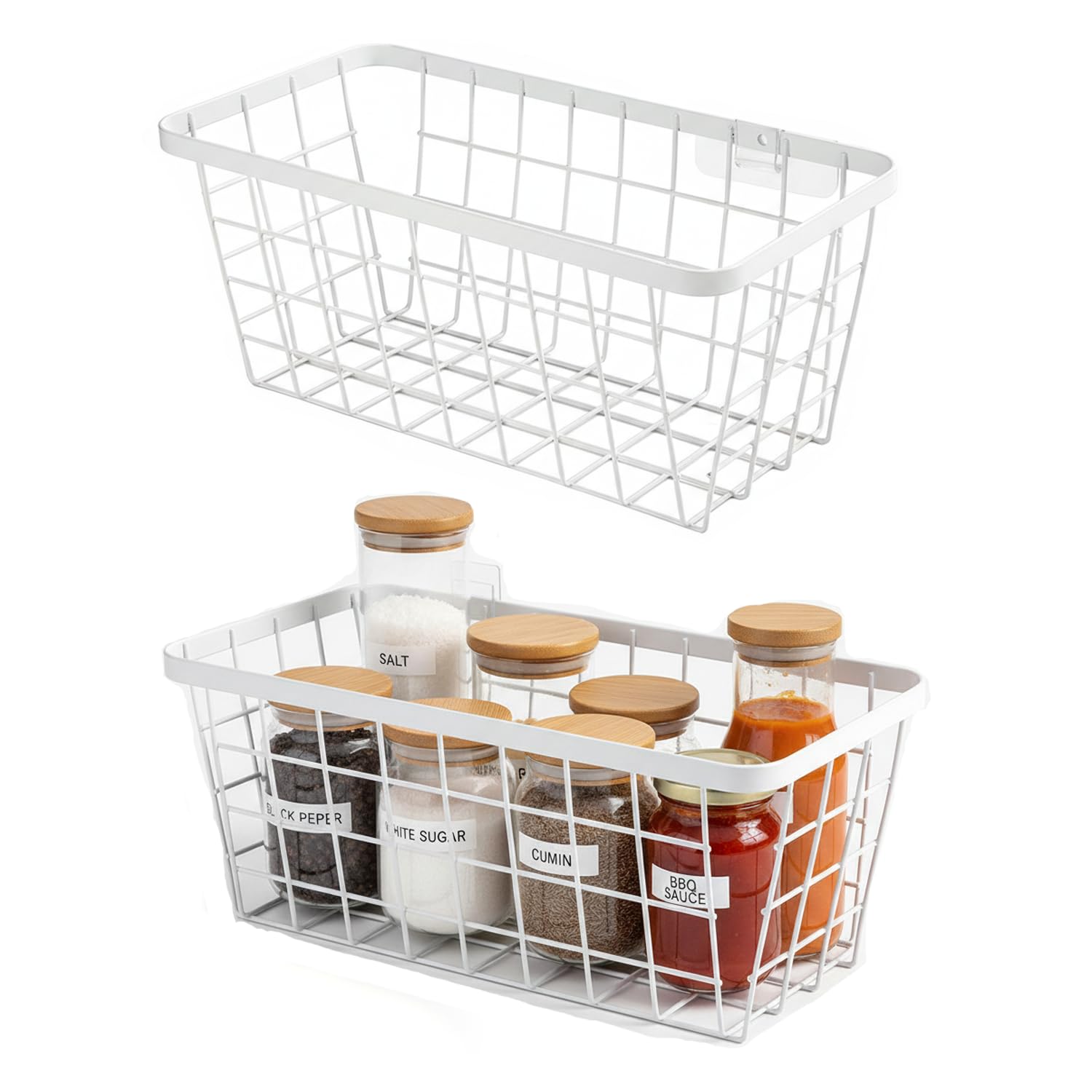 Photo 1 of 2 Set LeleCAT Hanging Wall Basket Organizer, Over the Cabinet Door Adhesive Wire Baskets for Organizing Kitchen Food Pantry Bathroom Shelf Storage No Drilling Wall Mounted,White