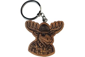 Cool Moose Walnut Keychain – Handmade Wooden Keychain with Laser-Engraved Moose in Flannel Design