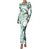 PRETTYGARDEN Women's Long Sleeve Floral Fall Wedding Guest Dress Casual Crewneck Ruched Bodycon Mesh Long Maxi Dresses