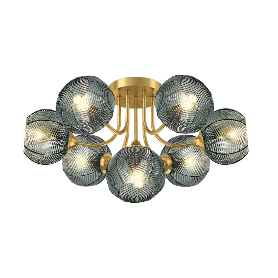 Photo 1 of Qufute Mid Century Modern Chandelier 7-Light Glass Flush Mount Ceiling Lights Sputnik Chandelier Ceiling Lamp 5.9" Green Ribbed Glass Shade Gold Vintage Chandeliers Dining Room Pendant Light