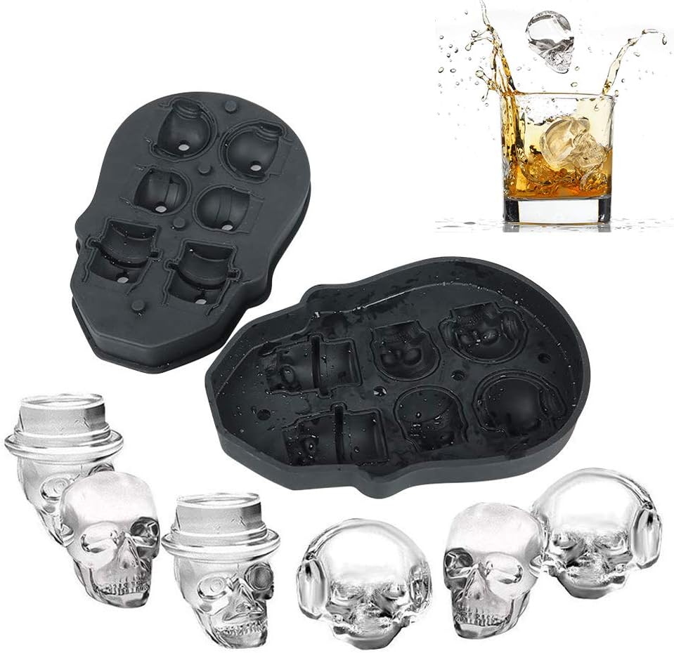 Amaoma Calavera Cubito de Hielo Bandeja Molde 3D con Tapa Moldes Silicona Cubito de Hielo Calaveras Molde Moldes de Chocolate para Whisky Hielo Cócteles Bebida de Jugo, Negro 6 Cráneo