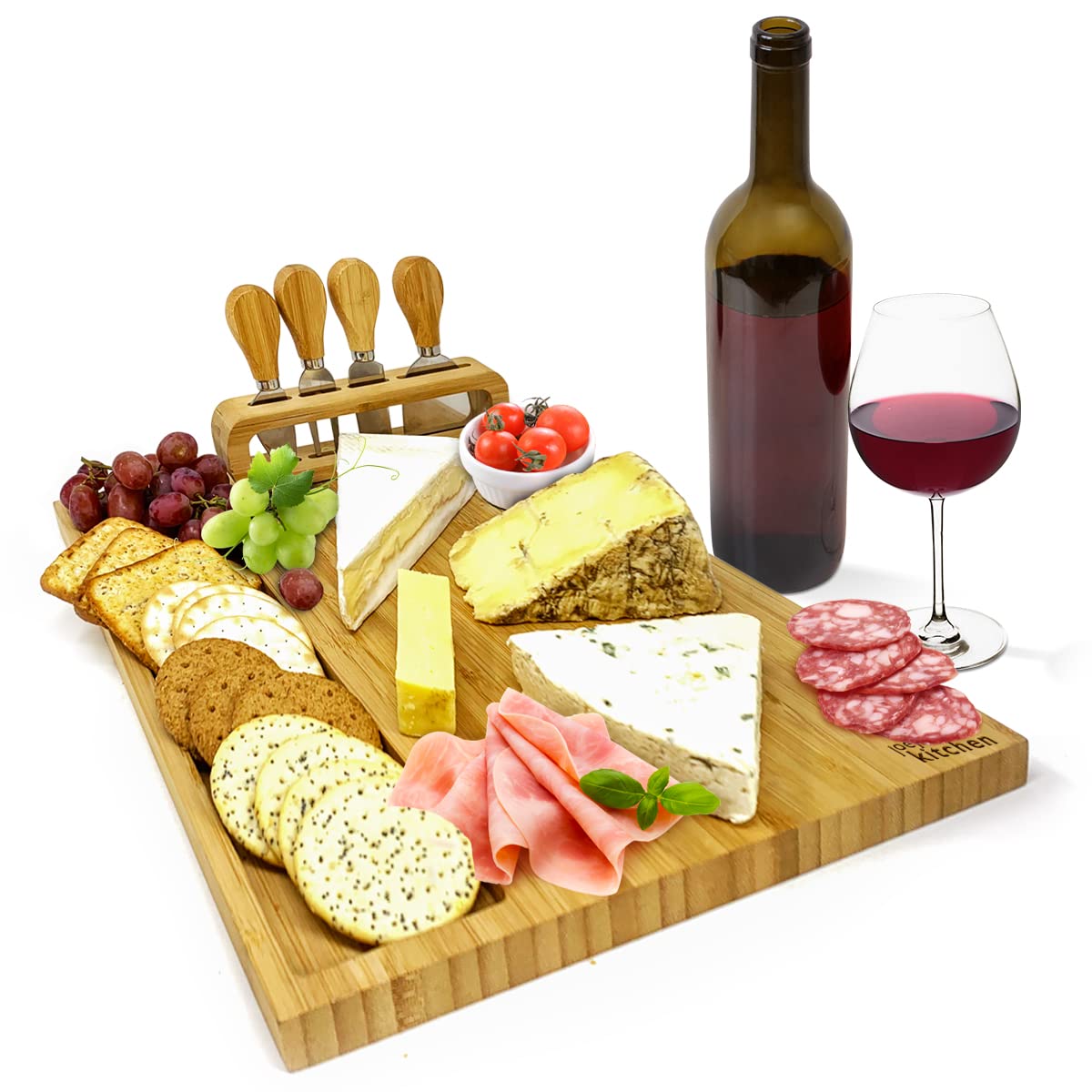 joeji's Kitchen Cheese Board Platter Set - Natural Wood Bamboo - Gift Set with Knives & Holder - Charcuterie Platter