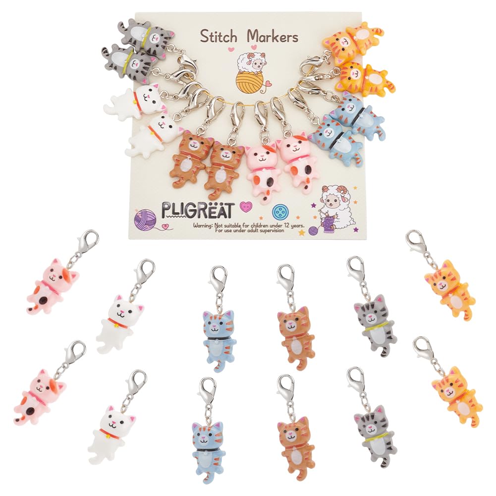 PLIGREAT 12 Pcs Cute Colorful Cats Kitten Crochet Stitch Markers Charms Knitting Row Counter Locking Mark Needle Clip Knitting Tool Kit Gifts for Mom DIY Handmde Art Crafts Jewelry Making Accessories