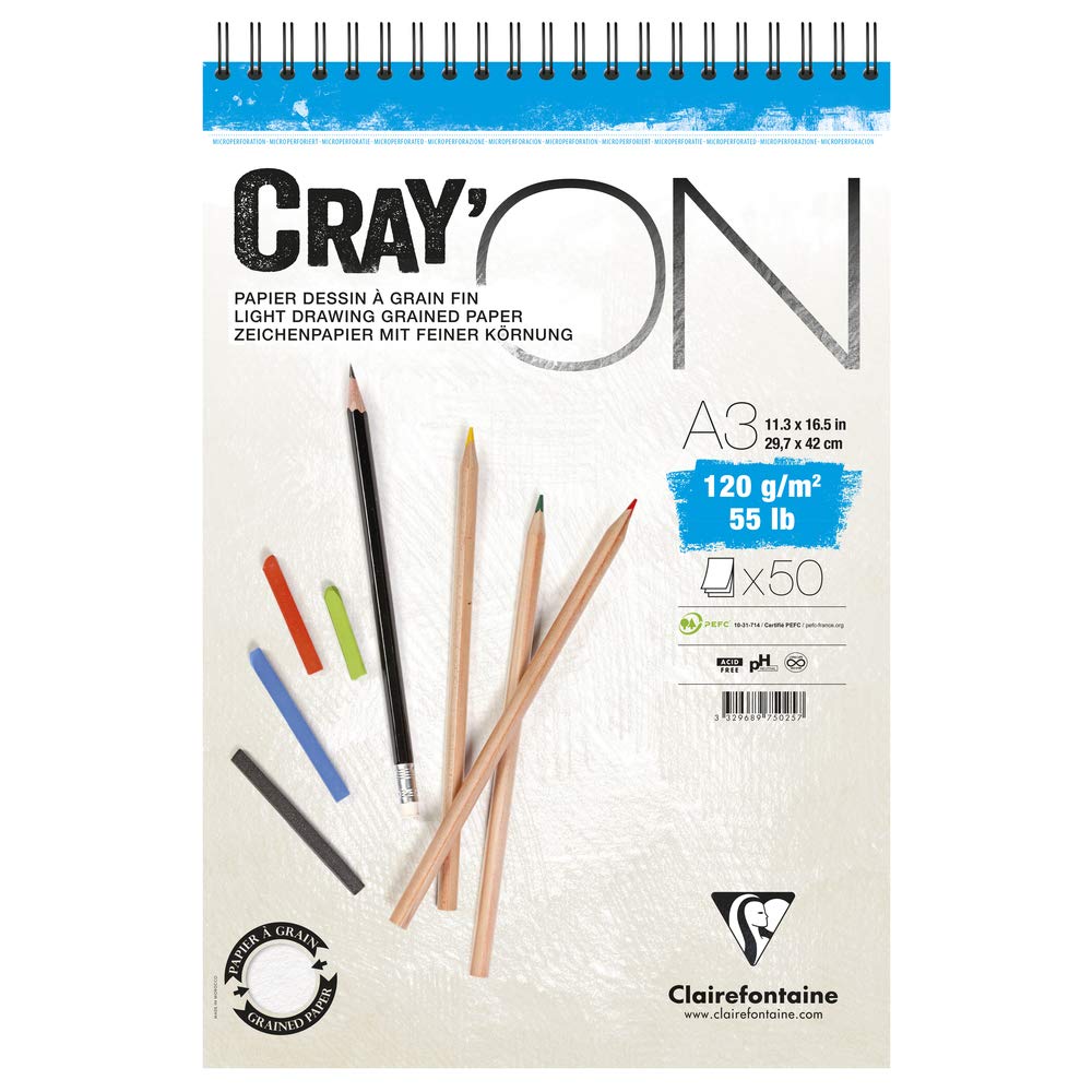 Clairefontaine - Ref 975025C - Cray'On White Wirebound Sketch Pad (50 Sheets) - A3 (29.7 x 42cm) Size, 120gsm 100% Cellulose Paper, Grained One Size & Smooth Other Side