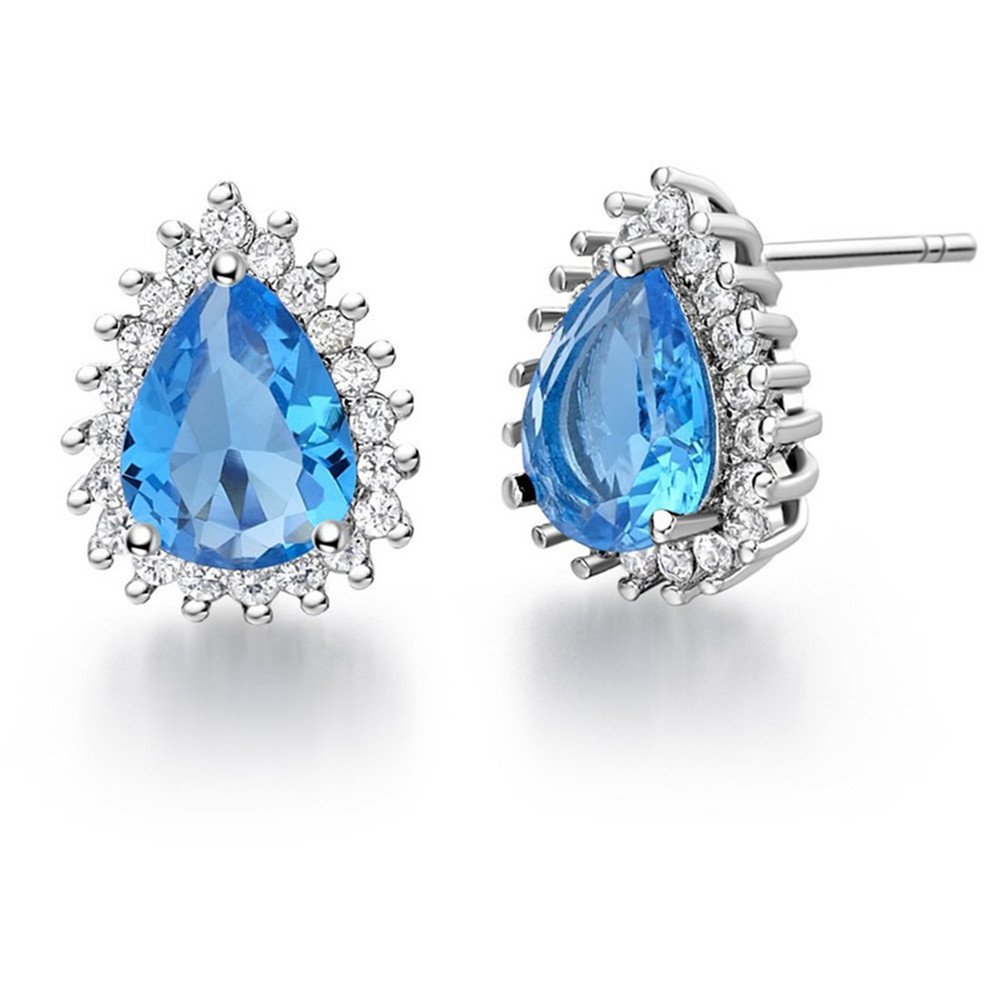 Uloveido Cubic Zirconia White Gold Plated Teardrop Pear Crystal Shape Wedding Bridal Stud Earrings for Women Birthstone Earings R815 (light blue)