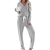 Evaimizill Womens Long Sleeve Pajamas Set Soft Sleepwear Button Down Shirt and Long Pants Pj Lounge Sets Nightwear with Pockets Light Gray,Large